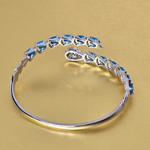 Natural Blue Opal, Emerald & Spinel 925 Sterling Silver Snake Bangle Bracelet - Picture 2 of 7